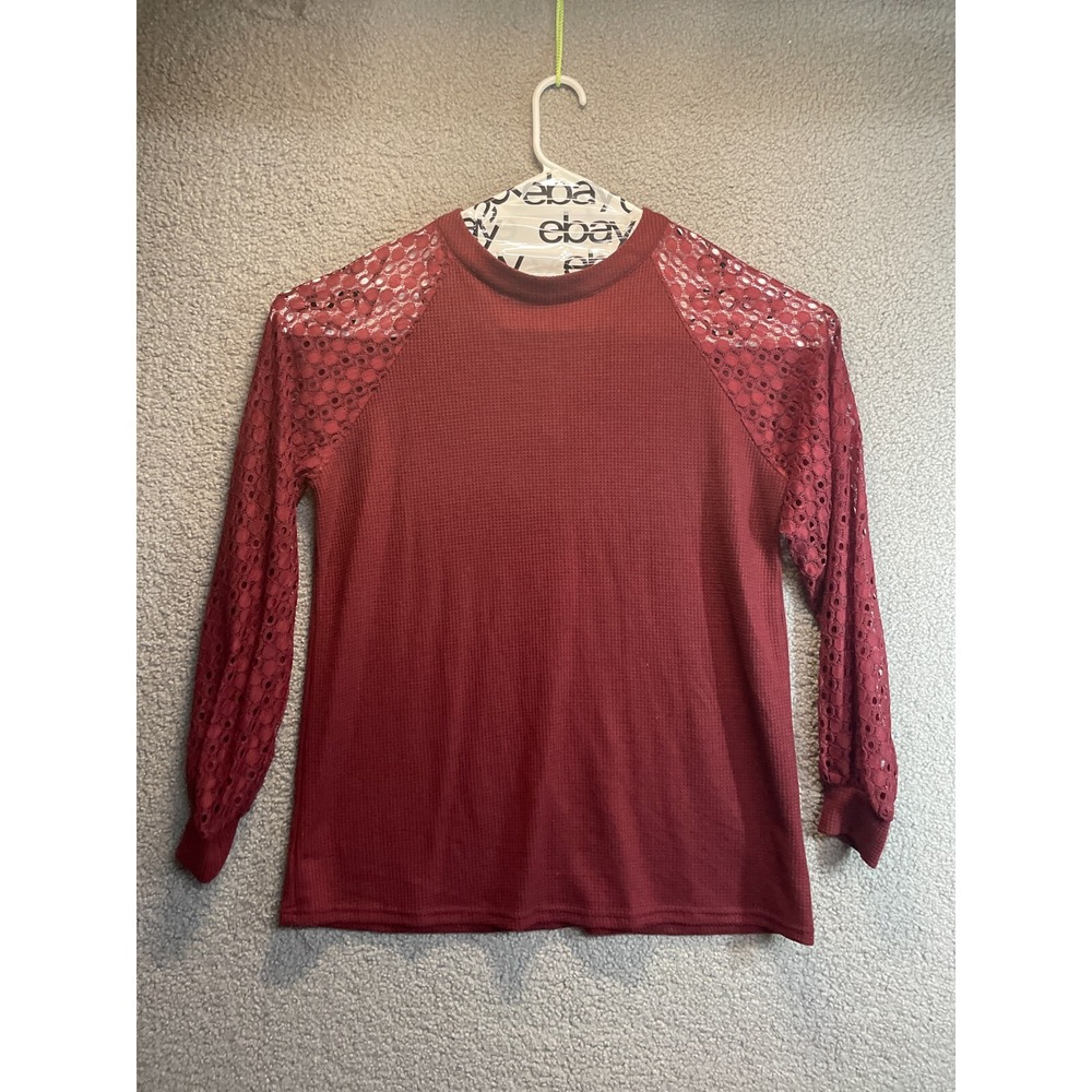 Miholl Womens Long Lace Sleeve Waffle Knit Top Sz XL Burgundy NWOT‎